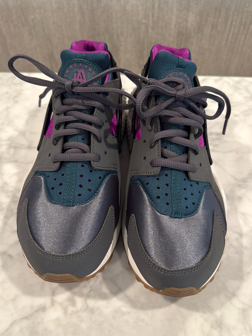 Women’s Air Huarache Run PRM Gray and Teal Athletic Sneakers with Pink Accents
